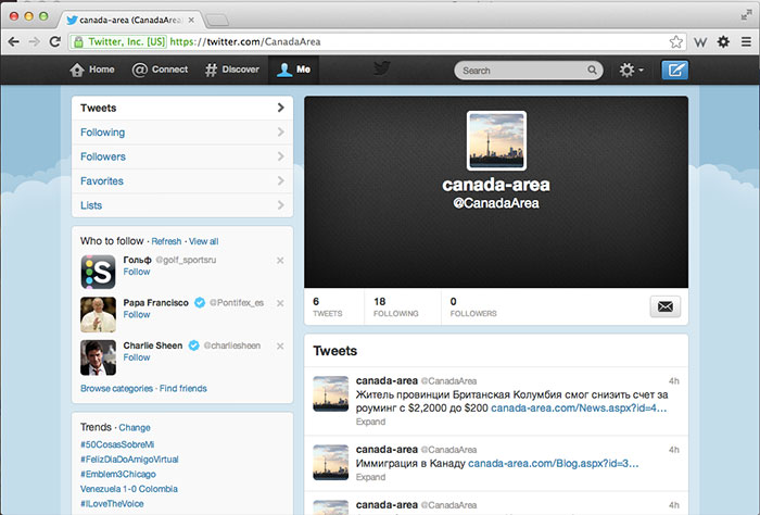 Страница сайта о Канаде в Twitter